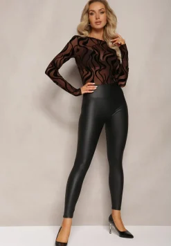 Czarne Legginsy z Imitacji Skóry z Regularną Talią i Szerokim Pasem w Biodrach Idrissa