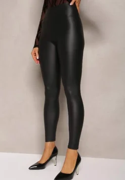 Czarne Legginsy z Imitacji Skóry z Regularną Talią i Szerokim Pasem w Biodrach Idrissa