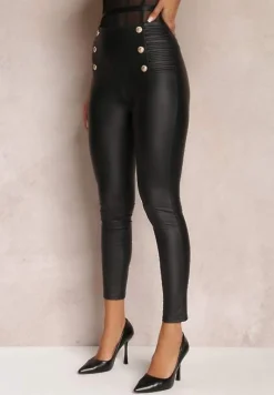 Czarne Legginsy z Imitacji Skóry Ozdobione Drapowaniem i Napami Syah