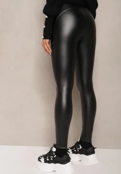 Czarne Legginsy z Imitacji Skóry High Waist z Polarem Labrinne
