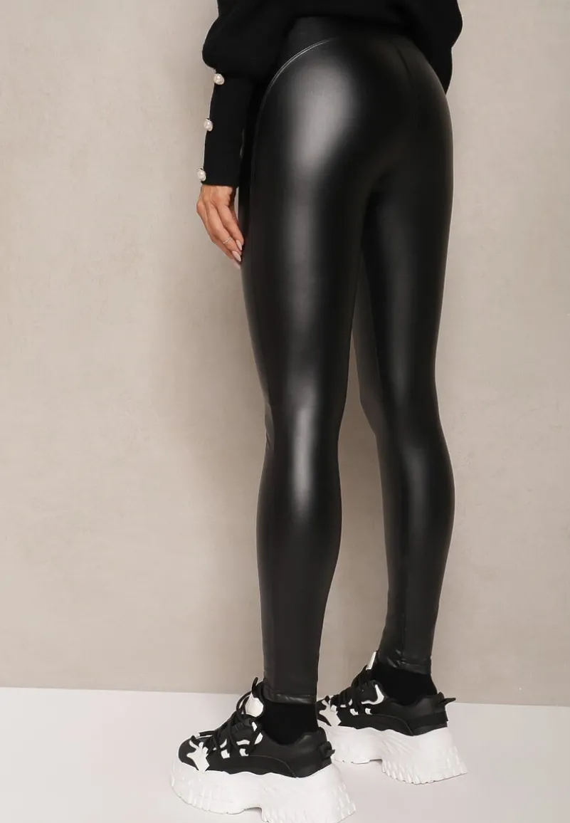 Czarne Legginsy z Imitacji Skóry High Waist z Polarem Labrinne