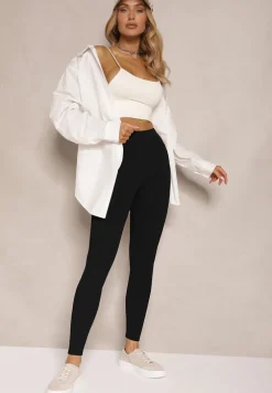 Czarne Legginsy z Prążkowanej Tkaniny z Szeroką Gumką w Pasie Lanoriae