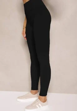 Czarne Legginsy z Prążkowanej Tkaniny z Szeroką Gumką w Pasie Lanoriae