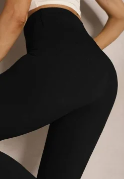 Czarne Legginsy z Prążkowanej Tkaniny z Szeroką Gumką w Pasie Lanoriae