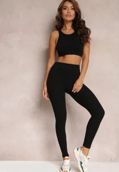 Czarne Legginsy z Prążkowanej Dzianiny Tarini