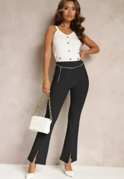 Czarne Materiałowe Spodnie Dzwony z Ozdobnym Łańcuszkiem Amelana