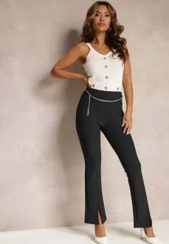 Czarne Materiałowe Spodnie Dzwony z Ozdobnym Łańcuszkiem Amelana