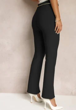 Czarne Materiałowe Spodnie Dzwony z Ozdobnym Łańcuszkiem Amelana