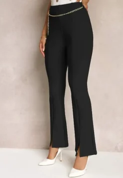 Czarne Materiałowe Spodnie Dzwony z Ozdobnym Łańcuszkiem Amelana