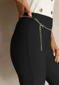 Czarne Materiałowe Spodnie Dzwony z Ozdobnym Łańcuszkiem Amelana