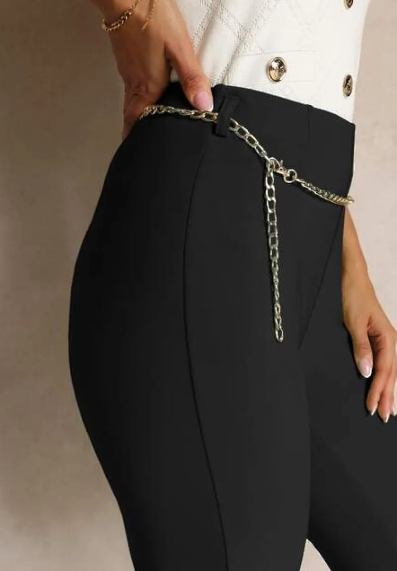 Czarne Materiałowe Spodnie Dzwony z Ozdobnym Łańcuszkiem Amelana