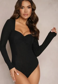 Czarne Metaliczne Body z Ozdobnym Marszczeniem Estelas