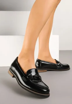 Czarne Mokasyny Skórzane Lakierowane z Ozdobą Meralia