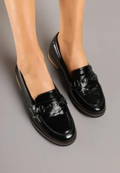 Czarne Mokasyny Skórzane Lakierowane z Ozdobą Meralia