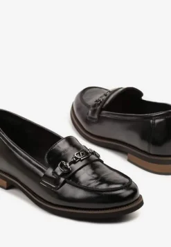 Czarne Mokasyny Skórzane Lakierowane z Ozdobą Meralia