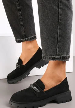 Czarne Mokasyny z Łańcuchem i Wkładką ze Skóry Naturalnej Elta