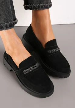 Czarne Mokasyny z Łańcuchem i Wkładką ze Skóry Naturalnej Elta