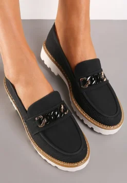 Czarne Mokasyny z Łańcuszkiem i Grubą Podeszwą Ferinla