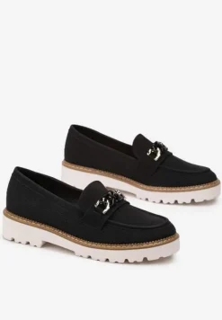 Czarne Mokasyny z Łańcuszkiem i Grubą Podeszwą Ferinla