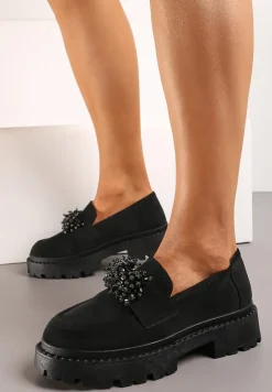 Czarne Mokasyny z Aplikacją z Biżuteryjnych Koralików Viatalia