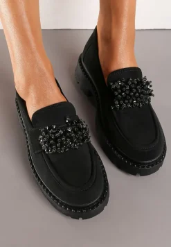 Czarne Mokasyny z Aplikacją z Biżuteryjnych Koralików Viatalia