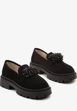 Czarne Mokasyny z Aplikacją z Biżuteryjnych Koralików Viatalia