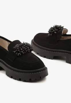 Czarne Mokasyny z Aplikacją z Biżuteryjnych Koralików Viatalia