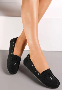 Czarne Mokasyny z Cholewką przed Kostkę z Przeszyciami i Ozdobną Kokardką Yaledia