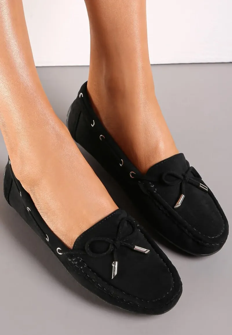Czarne Mokasyny z Cholewką przed Kostkę z Przeszyciami i Ozdobną Kokardką Yaledia