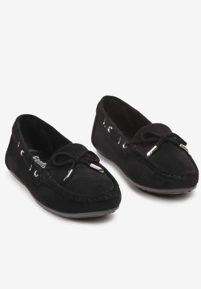 Czarne Mokasyny z Cholewką przed Kostkę z Przeszyciami i Ozdobną Kokardką Yaledia