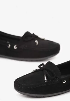 Czarne Mokasyny z Cholewką przed Kostkę z Przeszyciami i Ozdobną Kokardką Yaledia