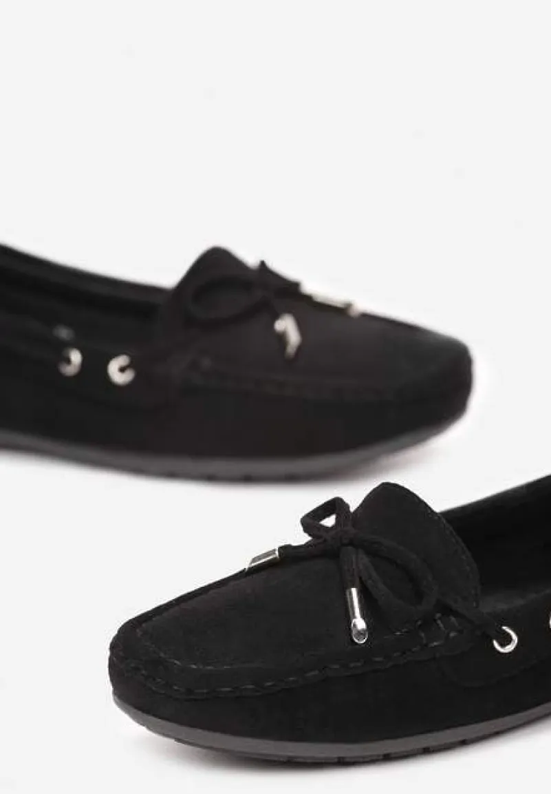 Czarne Mokasyny z Cholewką przed Kostkę z Przeszyciami i Ozdobną Kokardką Yaledia