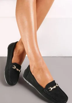 Czarne Mokasyny z Cholewką przed Kostkę z Przeszyciami i Ozdobnym Paskiem Alydora