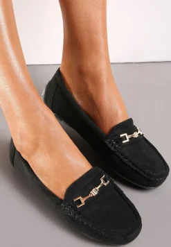 Czarne Mokasyny z Cholewką przed Kostkę z Przeszyciami i Ozdobnym Paskiem Alydora