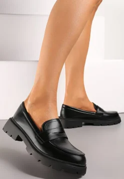 Czarne Mokasyny z Ekoskóry na Płaskiej Podeszwie Nasabel