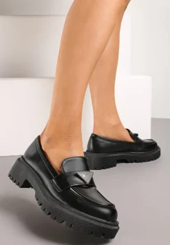 Czarne Mokasyny z Ekoskóry na Grubej Podeszwie z Klamrą z Cyrkoniami Azzelia