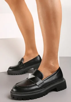 Czarne Mokasyny z Ekoskóry na Grubej Podeszwie z Klamrą z Cyrkoniami Azzelia