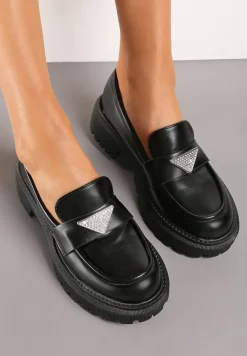 Czarne Mokasyny z Ekoskóry na Grubej Podeszwie z Klamrą z Cyrkoniami Azzelia