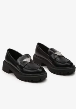 Czarne Mokasyny z Ekoskóry na Grubej Podeszwie z Klamrą z Cyrkoniami Azzelia