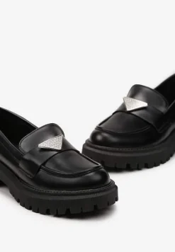 Czarne Mokasyny z Ekoskóry na Grubej Podeszwie z Klamrą z Cyrkoniami Azzelia