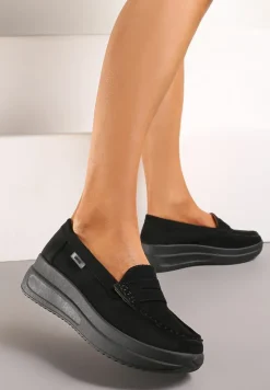 Czarne Mokasyny z Ekozamszu na Platformie Ozdobione Paseczkiem Adrancia