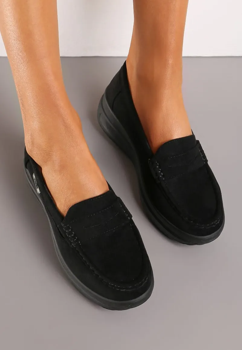 Czarne Mokasyny z Ekozamszu na Platformie Ozdobione Paseczkiem Adrancia