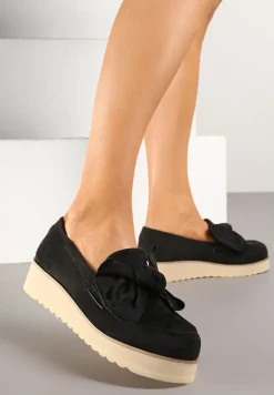 Czarne Mokasyny z Ekozamszu na Niskiej Platformie z Ozdobną Kokardą Nusalena