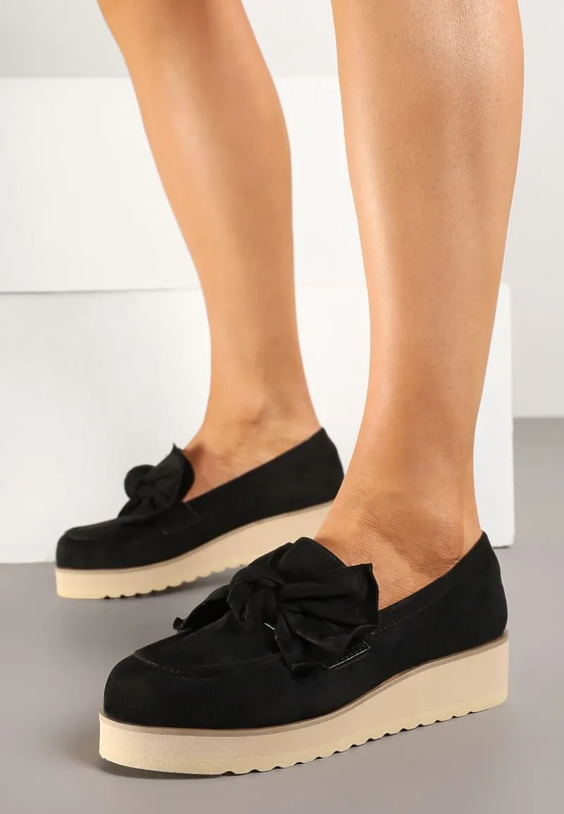 Czarne Mokasyny z Ekozamszu na Niskiej Platformie z Ozdobną Kokardą Nusalena