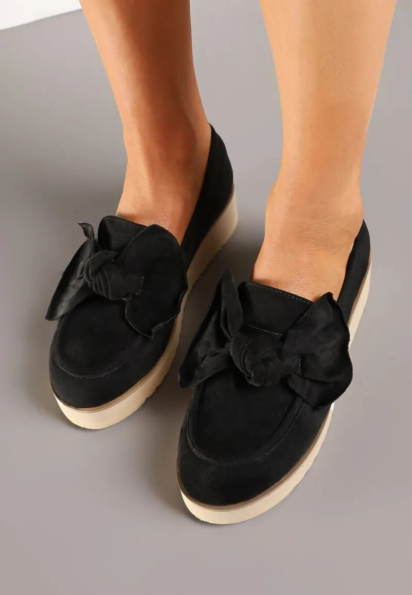 Czarne Mokasyny z Ekozamszu na Niskiej Platformie z Ozdobną Kokardą Nusalena