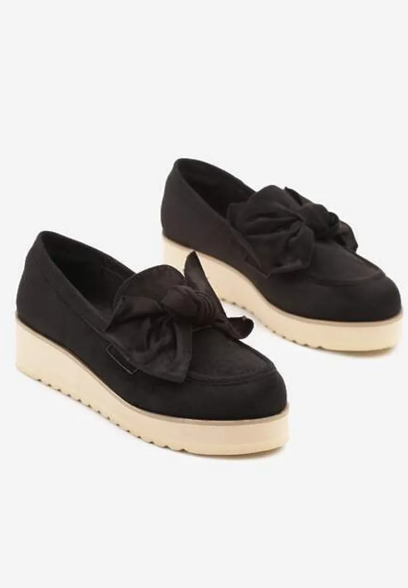 Czarne Mokasyny z Ekozamszu na Niskiej Platformie z Ozdobną Kokardą Nusalena