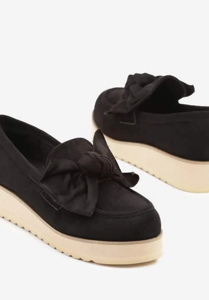 Czarne Mokasyny z Ekozamszu na Niskiej Platformie z Ozdobną Kokardą Nusalena