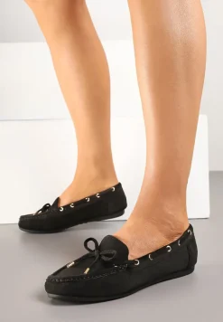 Czarne Mokasyny z Ekozamszu Zdobione Wiązaniem z Kokardą Sonilora