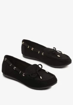 Czarne Mokasyny z Ekozamszu Zdobione Wiązaniem z Kokardą Sonilora