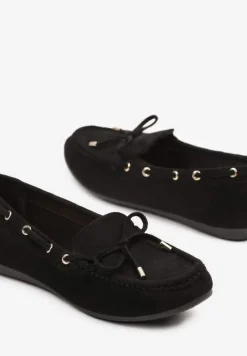 Czarne Mokasyny z Ekozamszu Zdobione Wiązaniem z Kokardą Sonilora